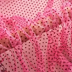 Soft Hexagonal Net Tulle Rose Red Hearts Flocked Mesh Fabric For Woman Fashion Garment