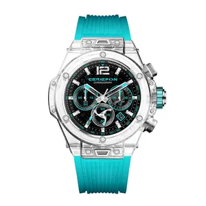 2024 New Luxury custom chronograph watch three eyes multifunctional oem transparent plastic automatic watch