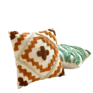 Housse de coussin carrée brodée en toile, style bohème, tuftée en usine, faite à la main, à motifs géométriques, avec pompons à lignes épaisses, pour le marché international - Product Image 1