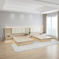 Ensemble de mobilier d'hôtel moderne en panneaux mélaminés imitation bois avec éclairage d'ambiance LED et base flottante, pour chambre double, projet personnalisé 3-5 étoiles