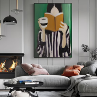 Femme lisant avec un café, peinture à l'huile peinte à la main sur toile, art mural intérieur minimaliste et calme