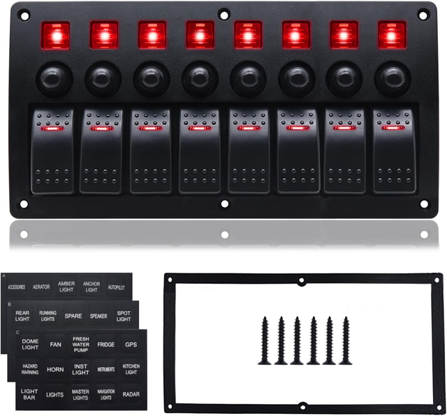 8 Gang Dash Rocker Switch Panel Waterproof 5 Pin Toggle Switch Control Blue LED Light Push Button Black