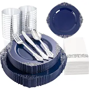Durable Acrylic Dinner Plates Washes up Navy Blue With Gold Silver Rim Plastic Plates Silverware Dessert For Wedding Anniversary