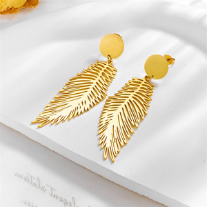 Feather Pendant Earrings Gold Long Metal Exaggerated Design Everyday Wear - Product Image 2
