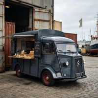 Camionnette alimentaire mobile électrique Citroën Rétro Vintage avec comptoir de cuisson électrique commercial, pour la vente de bonbons en port et au quai