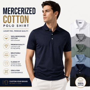 เสื้อโปโลผู้ชายผ้าฝ้ายเมอร์เซอไรซ์ พรีเมียม เนื้อผ้านุ่มลื่น ระบายอากาศได้ดี รับออกแบบโลโก้ตามสั่ง ผลิตแบบ OEM ODM คุณภาพระดับพรีเมียม - Product Image 1