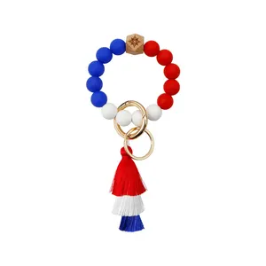 Beaded Keychain with Tassel Silicone Key Ring Bracelet Cute Boho Red Blue Independence Day Car Key Chain Wristlet for Women