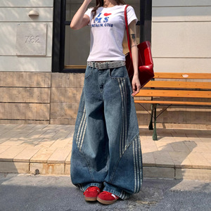American Retro Washed Deconstructed Scimitar <b>Jeans</b> for <b>Women</b> Spring New Three-Stripe Patchwork Boot Cut Long Pants Cute - Product Image 1