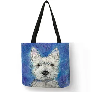 Kapasitas Besar Eco Linen Totes Desain Unik Westie Dog Lukisan Square Tas Tangan untuk Wanita Belanja Shopper Tas