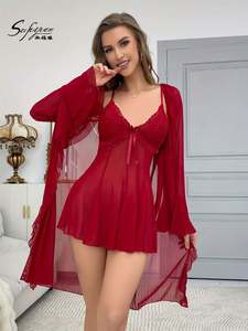 Sfy4117 Women's Summer Sleepdress Nightgown Robe Mesh Lace Rivet 3D Embroidery Set Home for Wear Breathable Pajama 2-Piece - Product Image 4