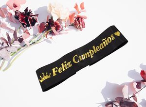 Banda de Satén Negra con <span class=keywords><strong>Feliz</strong></span> Cumpleaños Dorado, Banda de <span class=keywords><strong>Feliz</strong></span> Cumpleaños, Decoración para Fiestas Temáticas de Carnaval Mexicano - Product Image 6