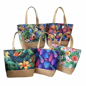 Custom Printed Recycled Large Capacity Reusable Ladies Flora Tropical Tote Canvas Shoulder Summer Handbag Beach Tote Bag