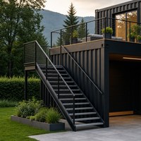 Maison mobile moderne en acier avec balcon extérieur, terrasse sur le toit et spacieuse envergure vitrée