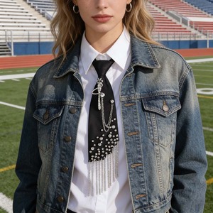 Corbata de satén negra con diseño de corona, espada, cadena y borlas de perlas, no es necesario atar. - Product Image 2