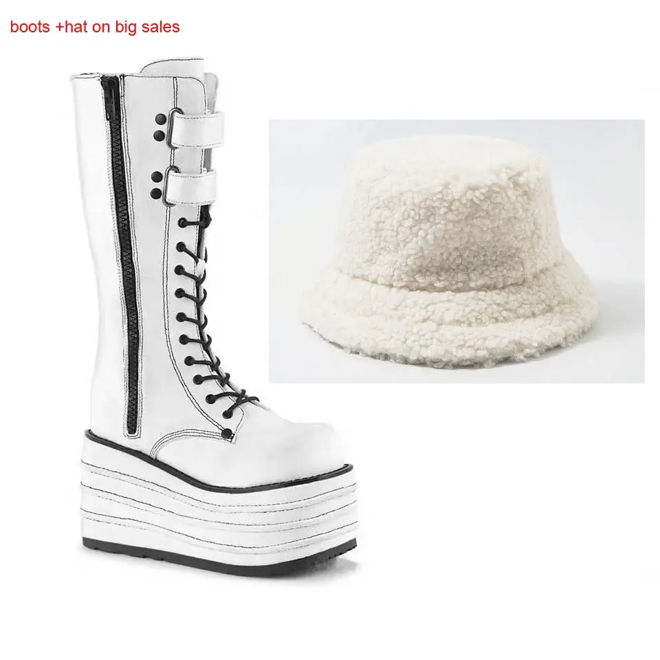 2021Fall Warm Punk Womens Platform Buckle Strap zipper Creeper Wedges Shoes Mid Calf Military Combat boots match winter hats