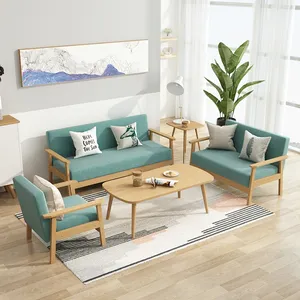 Solid Wood Sofa Tea Table Combination Living Room Modern Simple Cloth Three Seater Sofa Bed