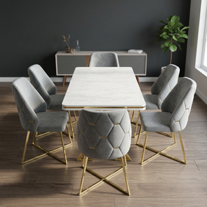 Ensemble de salle à manger moderne convertible en velours, 6 pièces, table avec plateau en marbre et chaises à dossier plein avec cadre doré, pour appartement - Product Image 5