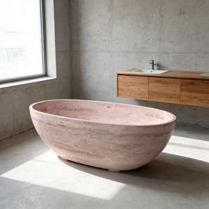 Bañera de Piedra Travertino de Diseño de Lujo, Bañera Independiente, Bañera de Mármol Natural, Bañera de Resina, Bañera de Superficie Sólida - Product Image 5