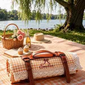 Couverture de pique-nique moderne personnalisée, portable, en tissu gingham brodé sur mesure, simple couche, avec bordure en dentelle blanche, tapis d'extérieur en cuir - Product Image 2