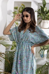 Purple And Green Printed Kaftan <b>Dress</b> For Women With Box Pleat Design <b>String</b> Detail Border And Tassels For Ethnic Fashion - Product Image 5