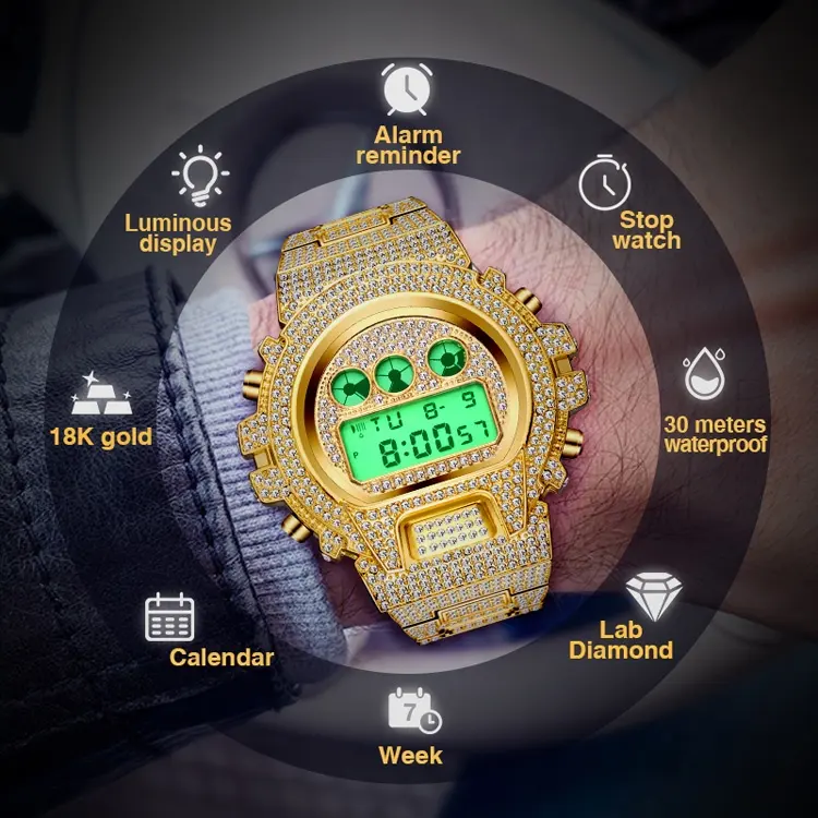 Dropshipping Classic Men Watch Hip Hop Iced Out Stainless Steel Luxury Diamond G Style Shock Resistant Digital Watches For Man