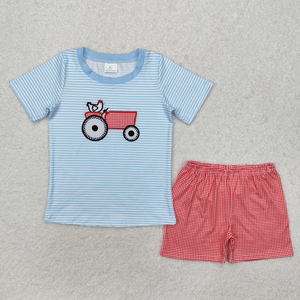 Vêtements d'été en gros pour enfants, filles et garçons, ensembles à manches courtes avec motif brodé poulet et tracteur, tenues pour bébés et tout-petits - Product Image 4
