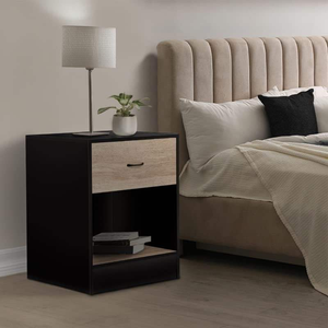 Set of 2 Modern Olga Bedroom <strong>Bedside</strong> <strong>Tables</strong> 1 Drawer Black MDF Niche <strong>Beech</strong> Effect Finish for Apartment Hotel Use Home Furniture - Product Image 1