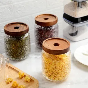 Acacia Spice Voedsel Opslagcontainers Potten Doorzichtig Glas Houten Deksel 500Ml Keuken Opbergflessen & Potten Minimalistisch Omhulsel Rond