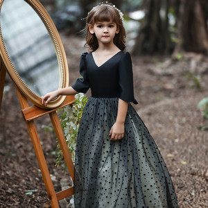 Vestido de princesa para niños, vestido de tul negro con cuello en V para niñas, fiesta de cumpleaños - Product Image 1