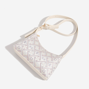 Sac à main élégant en jacquard artisanal, tons pastel doux, motif floral géométrique délicat, sangle réglable en cuir PU - Product Image 2