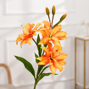 Lys artificiel en soie poly, 3 têtes, pleine floraison, orange, avec 3 bourgeons, pour décoration de vase intérieur, vente en gros directe usine - Product Image 3