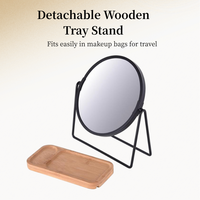 Miroir de maquillage circulaire en acier inoxydable, double face, avec plateau en bois amovible et grossissement, vente en gros