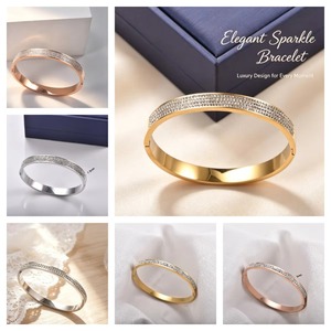 Bracelet jonc étanche en acier inoxydable CZ, fin et large, deux tailles, or, argent, or rose, bijoux cadeau - Product Image 4