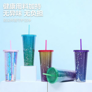 Double Walled Plastic Cup Starry Sky Gradient Light Luxury Water Cup With Straw Unisex Party Use - Product Image 4