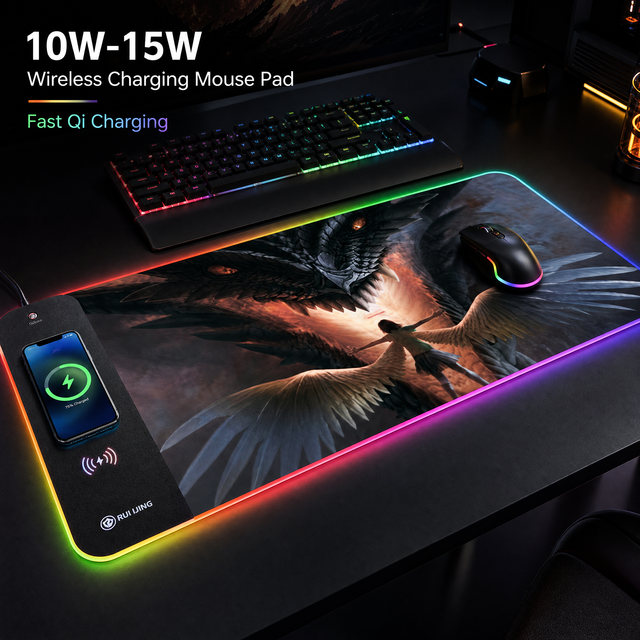 OEM Custom RUIJING Oversized RGB LED Gaming Mouse Pad 15W Qi Wireless Charging Graphic Rubber Base 900x300mm in Stock