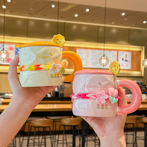 Tasse à lait en porcelaine fleur de tulipe bricolage pour bureau et maison, cadeau pour enfants et filles, tasses en céramique mignonnes avec cuillère et couvercle - Product Image 2