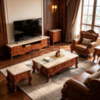Ensemble de meubles de salon en bois massif sculpté à la main, style rétro européen, avec table basse et meuble TV à plateau en marbre, vente en gros