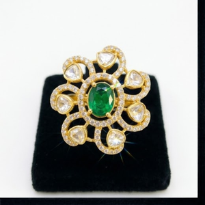 925 Silver Emerald Kundan Floral <b>Ring</b> <b>Gold</b> Adjustable Statement Flower Design Jewelry for Women Party Wear Style - Product Image 1