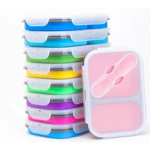 Stapelbare 2 Compartiment Lekvrije Kinderen Bento Lunchbox Met Verdelers Opvouwbare Rechthoek Zachte Siliconen Lunchbox