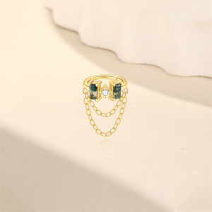 Boucle d'oreille manchette en argent sterling 925 plaqué or 18 carats avec agate verte mousse et franges de diamants, pierre naturelle élégante, clip d'oreille à dos plat, bijou - Product Image 2