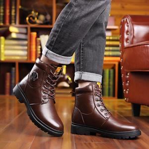 Bottes Martin pour homme, bout rond, en cuir, avec doublure en fourrure, semelle en caoutchouc isolante, bottes de travail tendance - Product Image 4