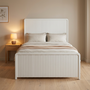 Minimalist White/Black Double Size <b>Bed</b> <b>Frame</b> - Wooden <b>Platform</b> <b>Bed</b> With Panel Design - Product Image 6