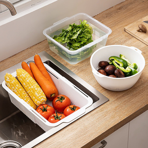 Juego de organizador de cocina multifunción para el hogar cesta de verduras de plástico extensible de doble capa con coladores y coladores con asa - Product Image 3