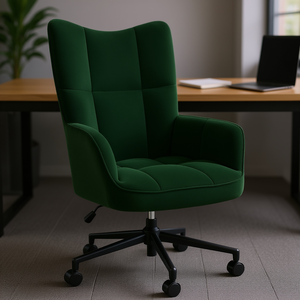 Chaise de bureau en velours vert foncé, base en métal, pivotante, réglage manuel, design moderne pour usage de bureau - Product Image 2