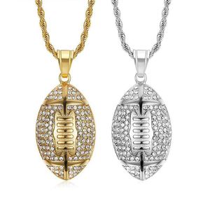 Hip Hop Football Pendant Necklace Stainless Steel Gold Silver Plated <b>Iced</b> Out Rhinestone Unisex Gift Jewelry - Product Image 1