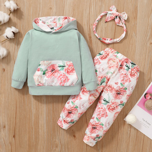 4 colori autunno 3 pezzi completi per bambini manica lunga con cappuccio stampato floreale <span class=keywords><strong>tasca</strong></span> top pantaloni fascia per capelli set di vestiti per neonate - Product Image 3