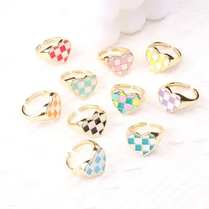 New popular trendy jewelry colorful heart chess grid enamel gold plated chunky finger band ring for women