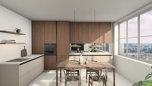 Meubles de cuisine modernes en bois chaud texturé, lignes épurées et lumière naturelle douce, noyer gris <span class=keywords><strong>Achat</strong></span> - Product Image 3