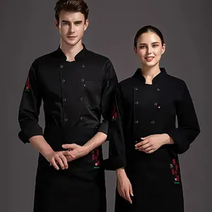 Casaco chef uniforme preto branco barato com bolso logotipo personalizado uniforme jaqueta chef