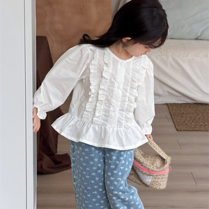 Camicetta dolce in cotone a maniche lunghe con pizzo in stile coreano per bambine, abbigliamento casual primaverile per tutti i giorni - Product Image 2
